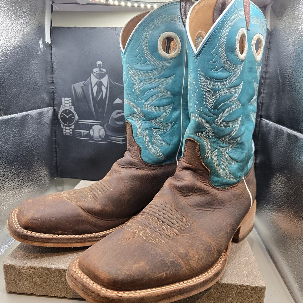 Justin Bent Rail Mens 9 D BR742 Turquoise Brown Square Toe Work Boots USA Made